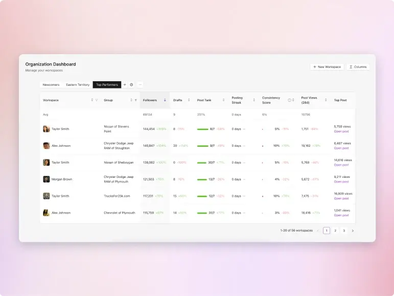 Organization dashboard showing centralized workspace management
