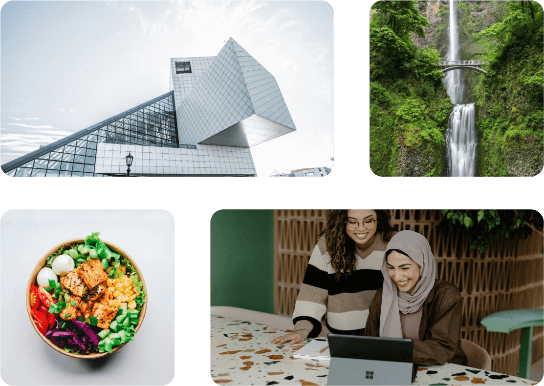 Grid of stock photos showing building, waterfall, food, and people collaborating